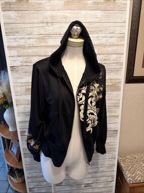Black Zip Hoodie with cream Baroque Print
